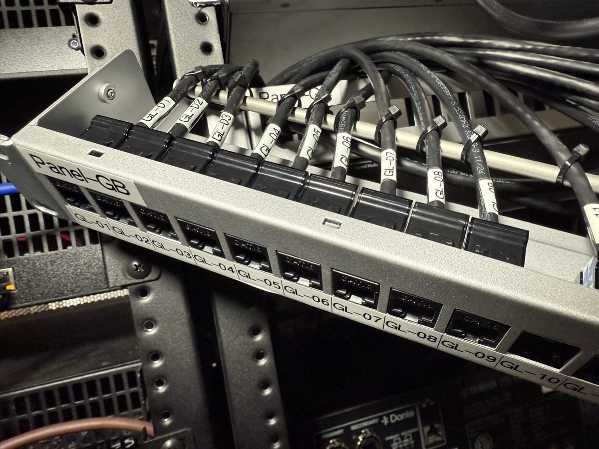 Patch panel close-up with every port and cable individually labeled